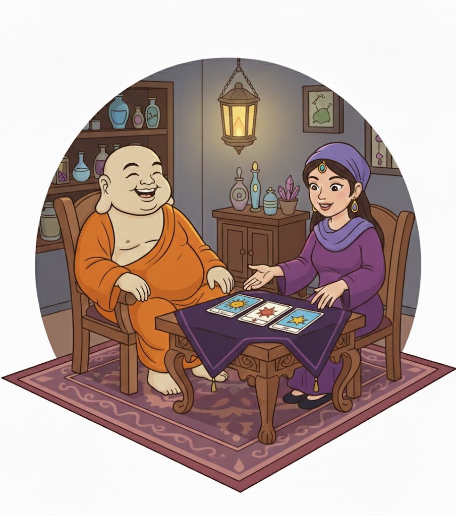 Happy Buddha having a Tarot card reading in Poole