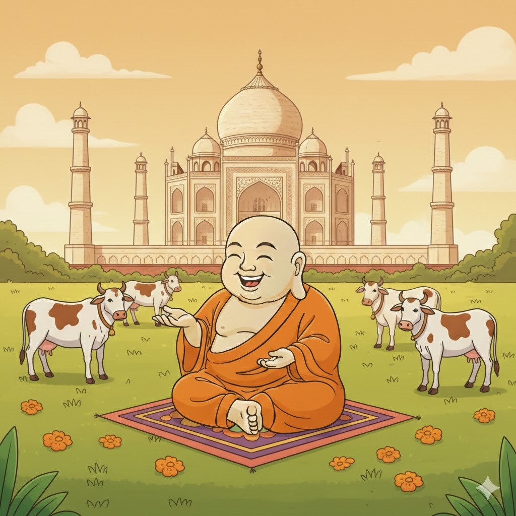 Happy Buddha in India with the sacred cows in front of the Taj Mahal
