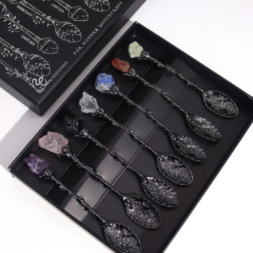 Set of 7 Dark Silver Gemstone Crystal Witch Spoons