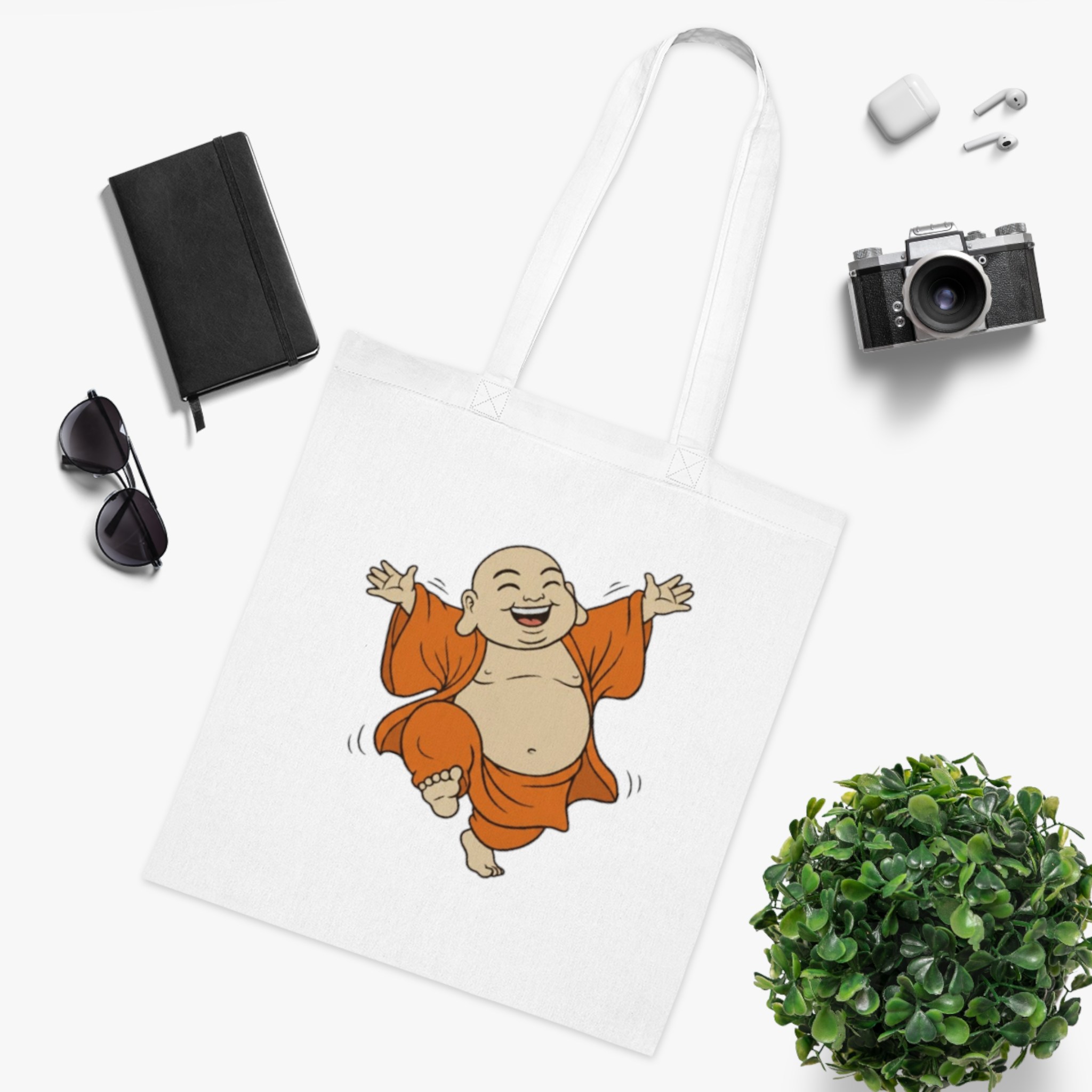 Happy Buddha Cotton Tote Bag — Cheerful Zen Shopper Tote