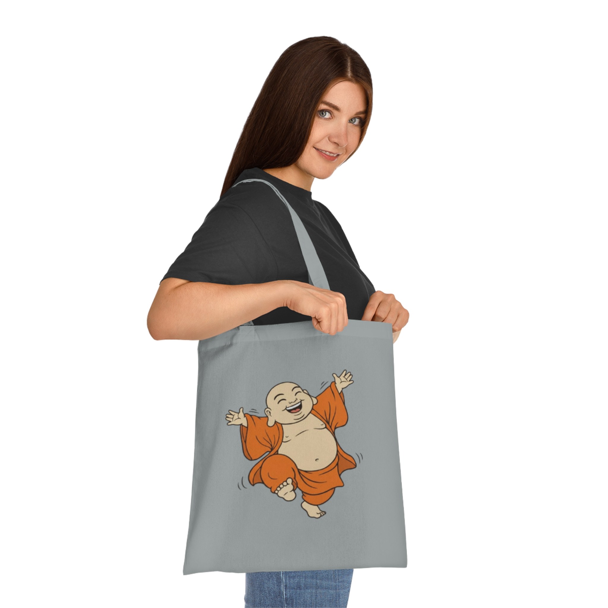 Happy Buddha Cotton Tote Bag — Cheerful Zen Shopper Tote
