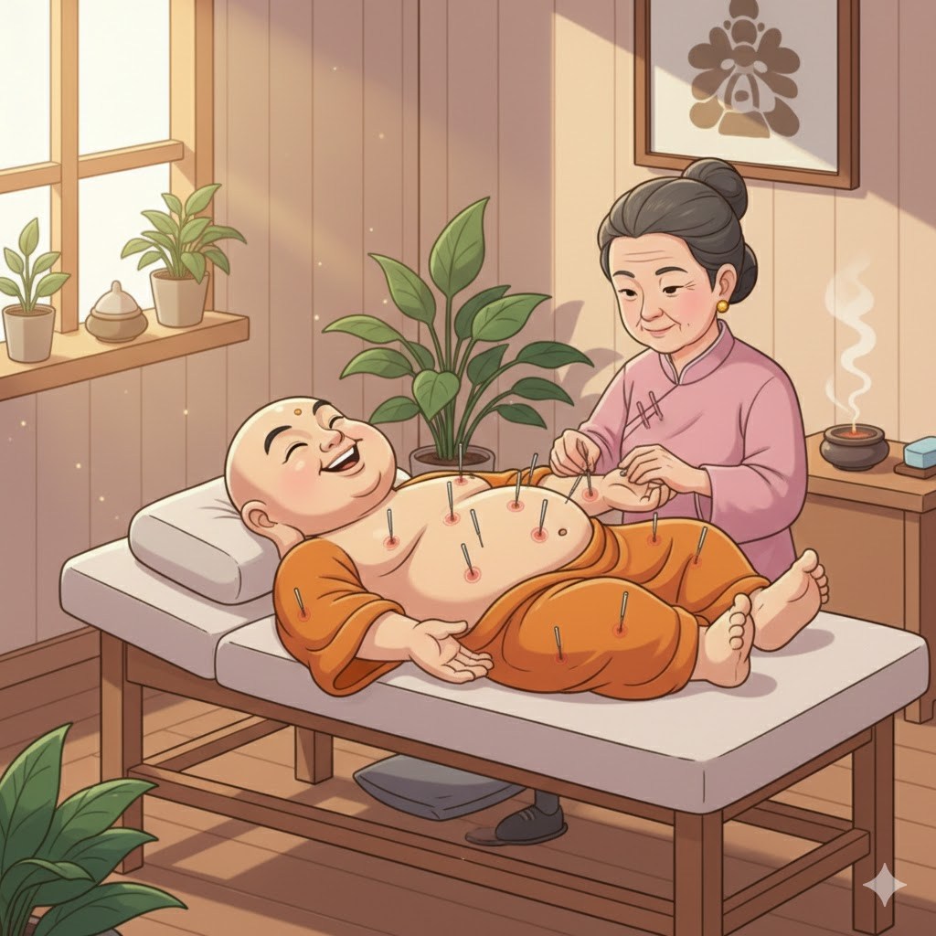 Happy Buddha having acupuncture treatment