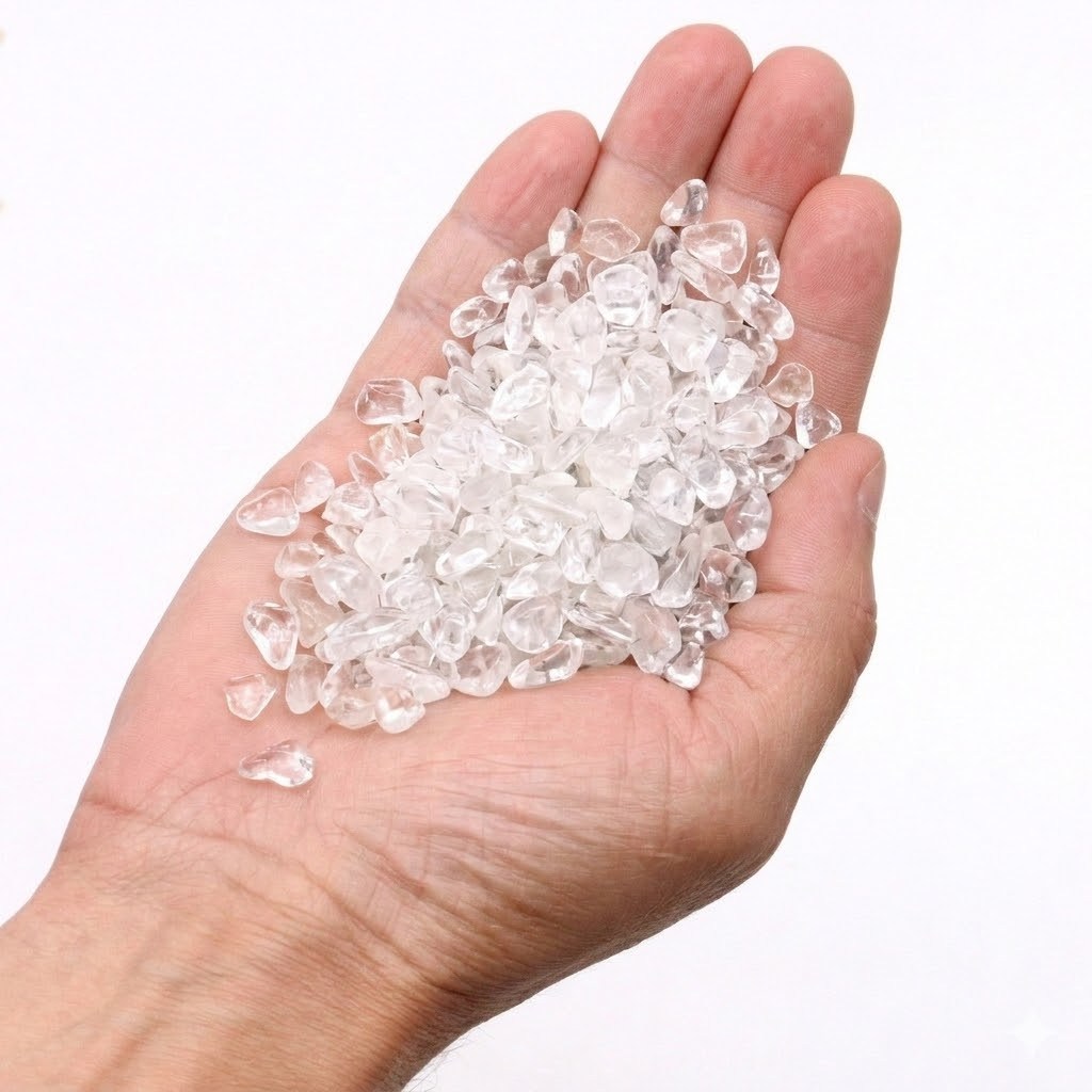clear quartz gem stone chips in hand