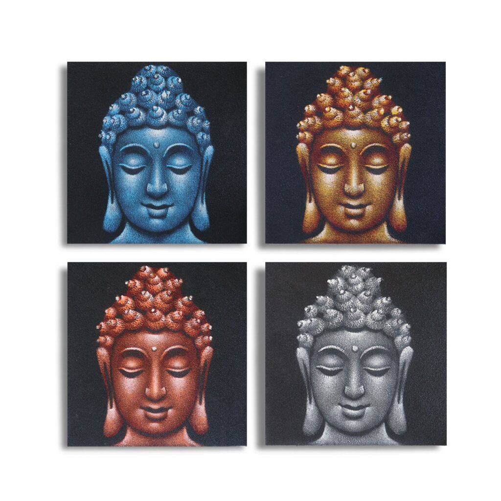Set of 4 Buddha Heads Sand Detail Painting